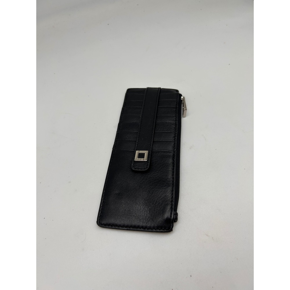 Lodis Black Leather Slim Card Case Wallet Zip Pocket‎ ID Window Silver Hardware
